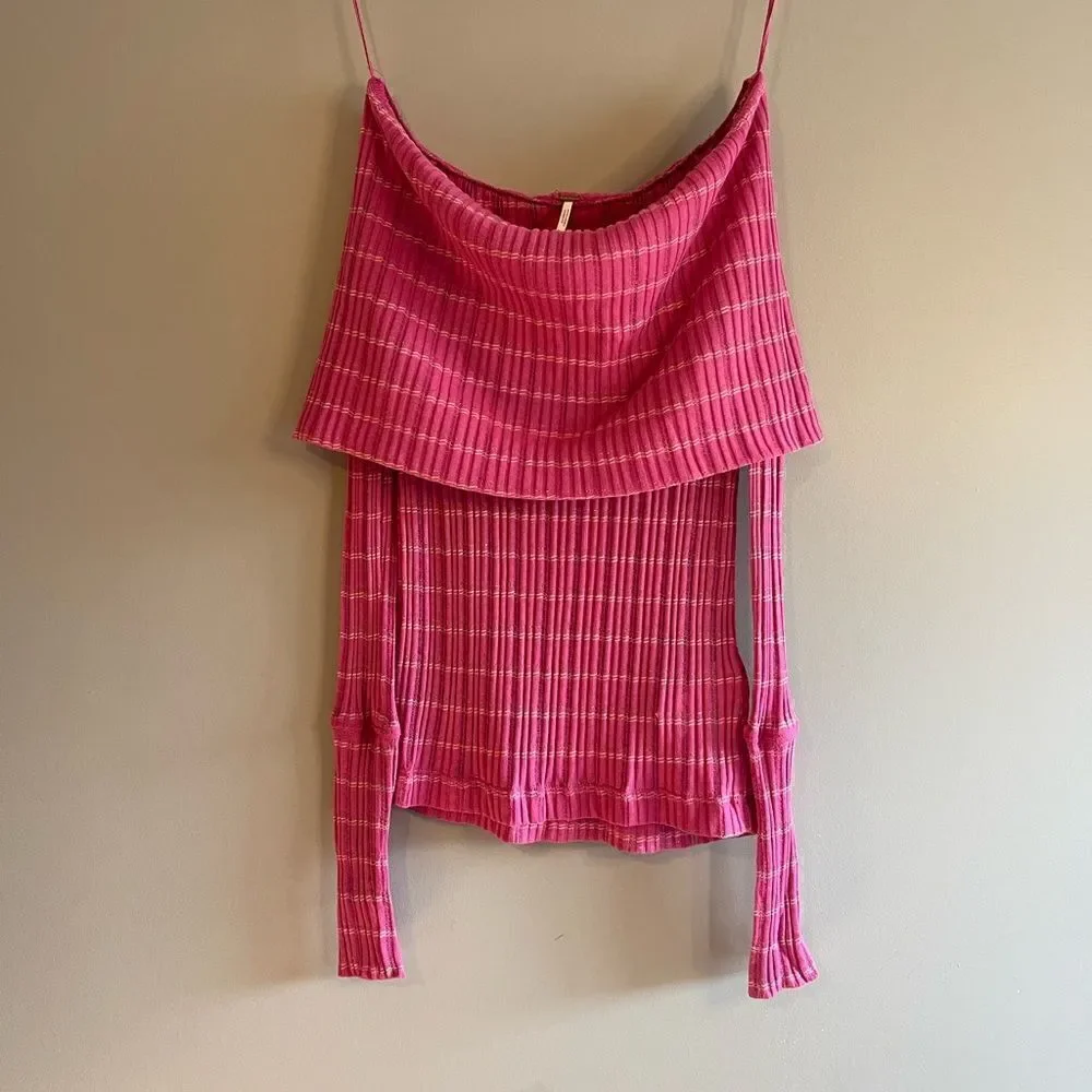 Free People Snowbunny Off the Shoulder Long Sleeve Top in Fuschia Fizz Combo XS